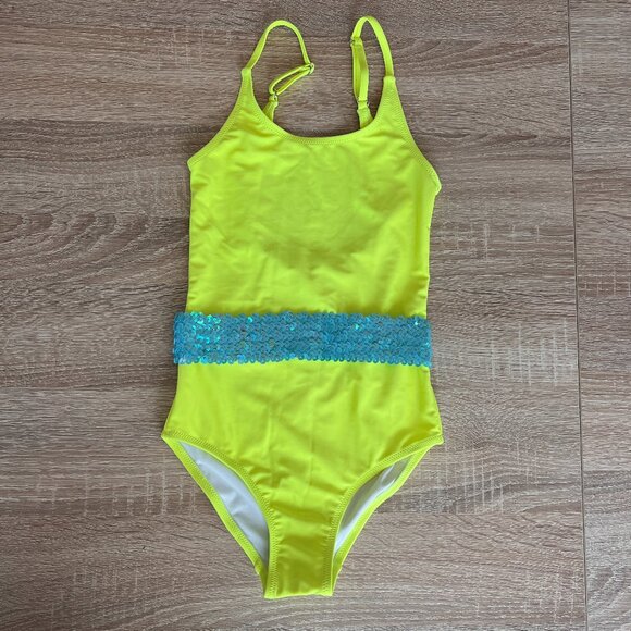 NWT STELLA COVE Neon yellow one piece with sequin belt size 6Y - Picture 1 of 9